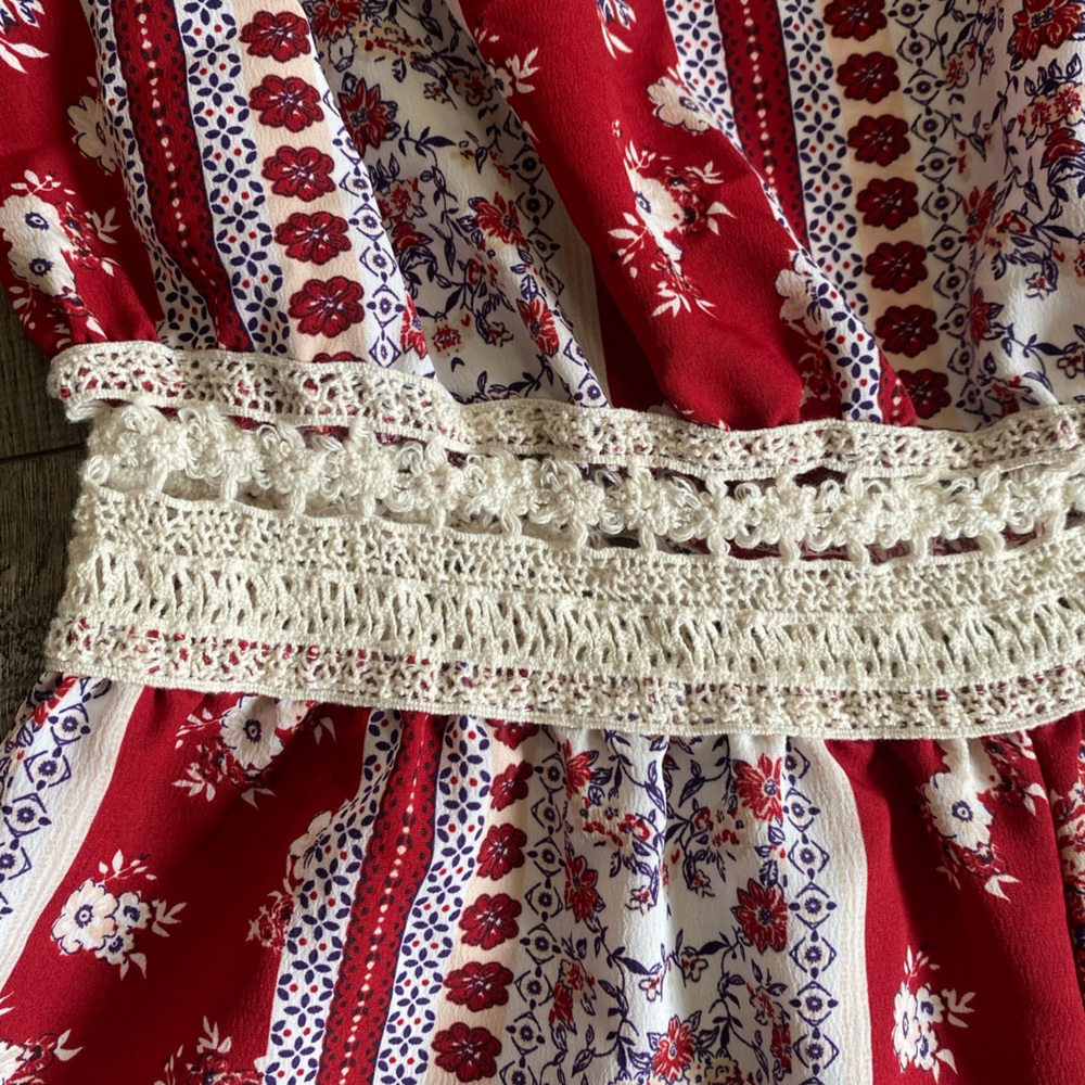 Rue21 Red Floral Off-Shoulder Romper with Crochet Waist - Picture 4 of 12
